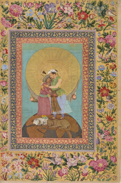 Emperor Jahangir embraces Shah Abbas, Abu'l Hasan; album margins by Muhammad Sadiq