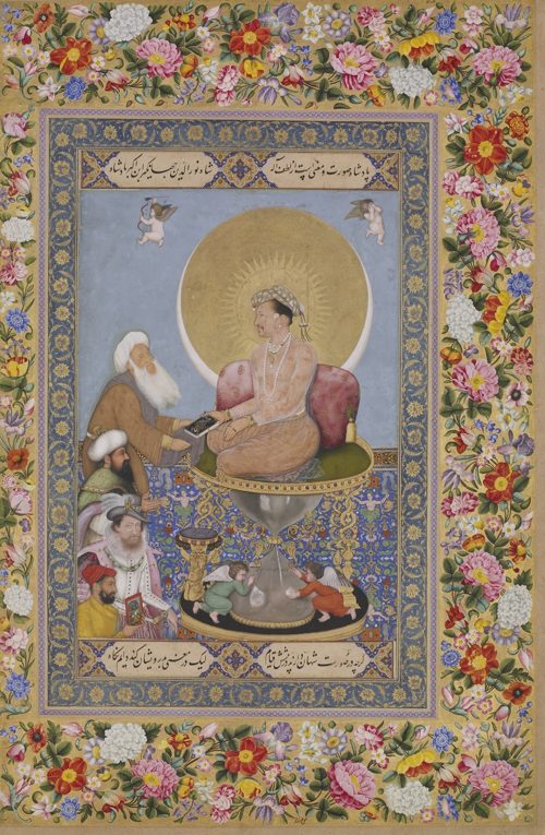Jahangir Preferring a Sufi Shaikh to Kings, from the St. Petersburg Album, Bichitr; album margins by Muhammad Sadiq